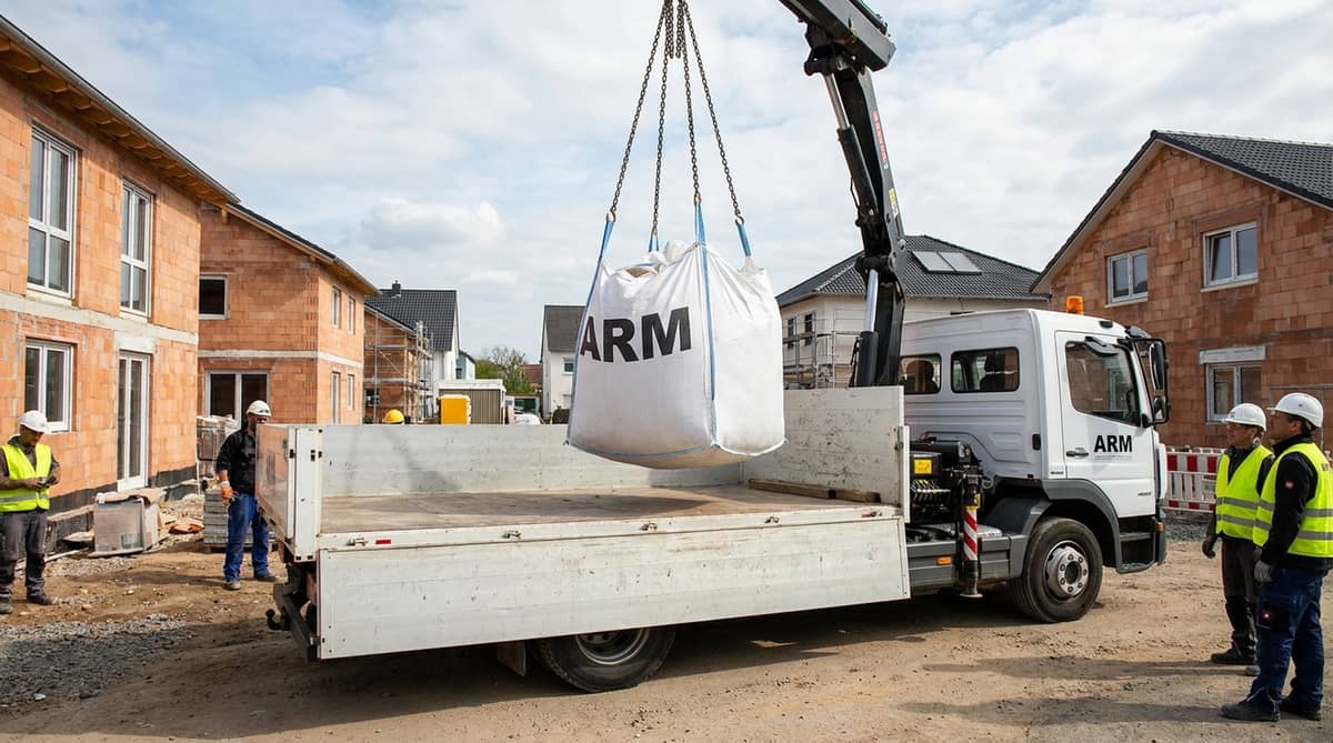 ARM-Kran-LKW verlädt einen vollen Big-Bag, Big-Bag-Entsorgung im Rhein-Main-Gebiet