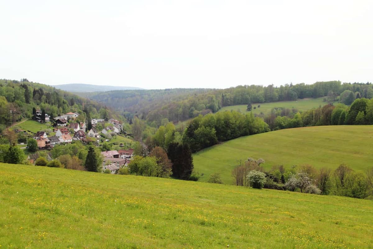 Rothenbuch: Ortspanorama Rothenbuch im Hochspessart, Dorf am Hang, umgeben von Wald und Wiesen Rothenbuch: Ortspanorama Rothenbuch im Hochspessart, Dorf am Hang, umgeben von Wald und Wiesen