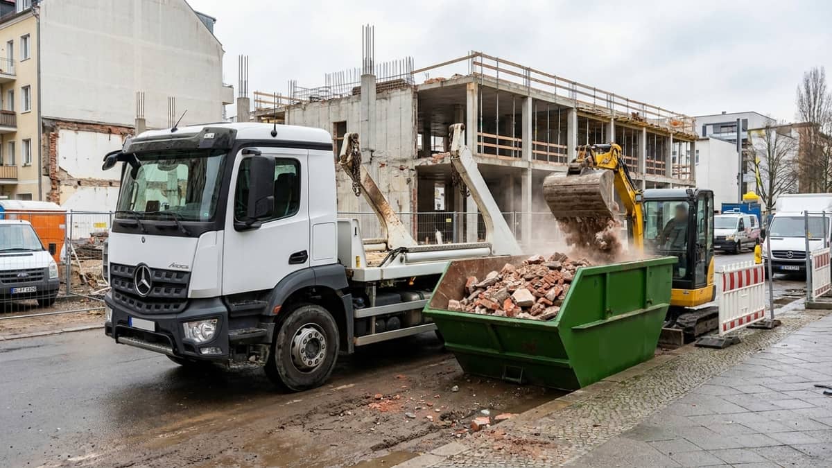 Bagger belädt grüne Container-Mulde mit Bauschutt vor Ort, ARM Containerdienst