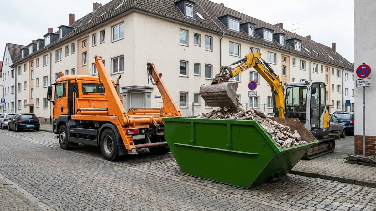 Bagger belädt einen grünen ARM-Container mit Bauschutt Bagger belädt einen grünen ARM-Container mit Bauschutt