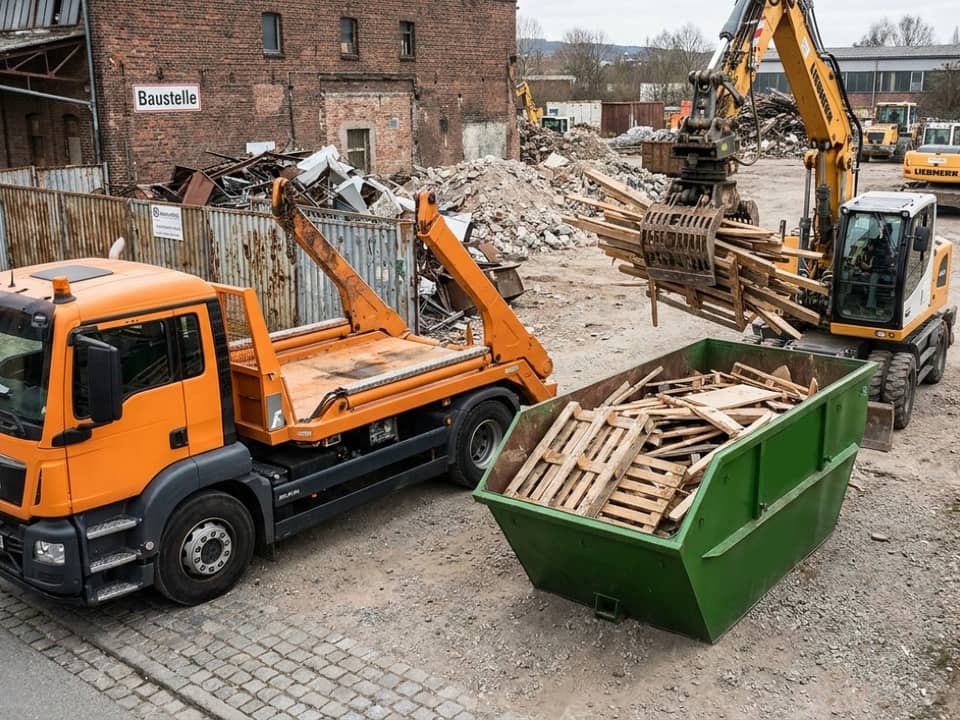 Krangreifer belädt einen ARM-Container gleichmäßig mit Holz Krangreifer belädt einen ARM-Container gleichmäßig mit Holz