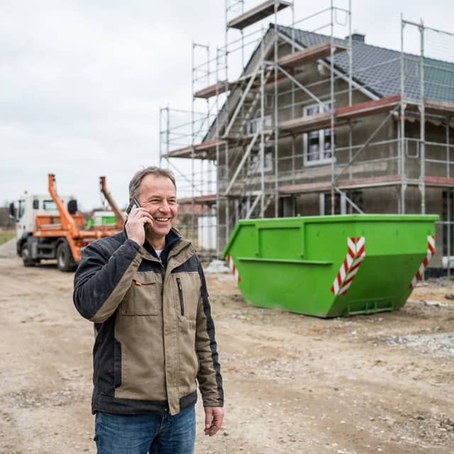 Bauherr bestellt Container telefonisch auf der Baustelle, ARM Containerdienst