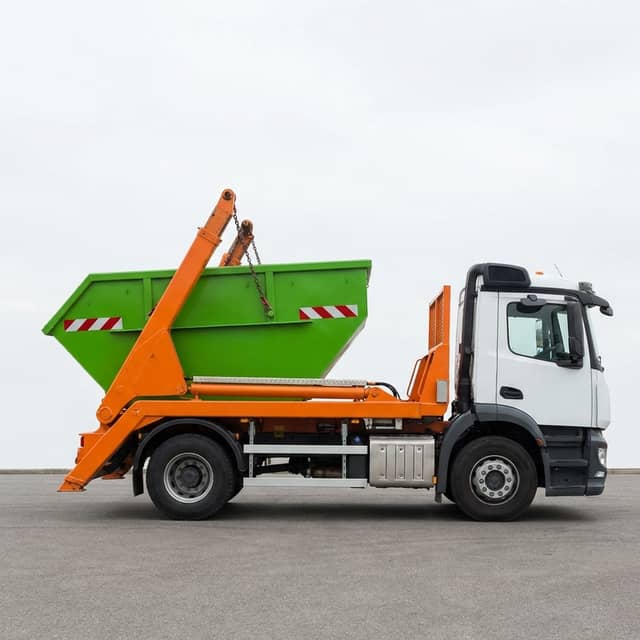 Absetzkipper liefert grüne Container-Mulde, ARM Containerdienst Rhein-Main