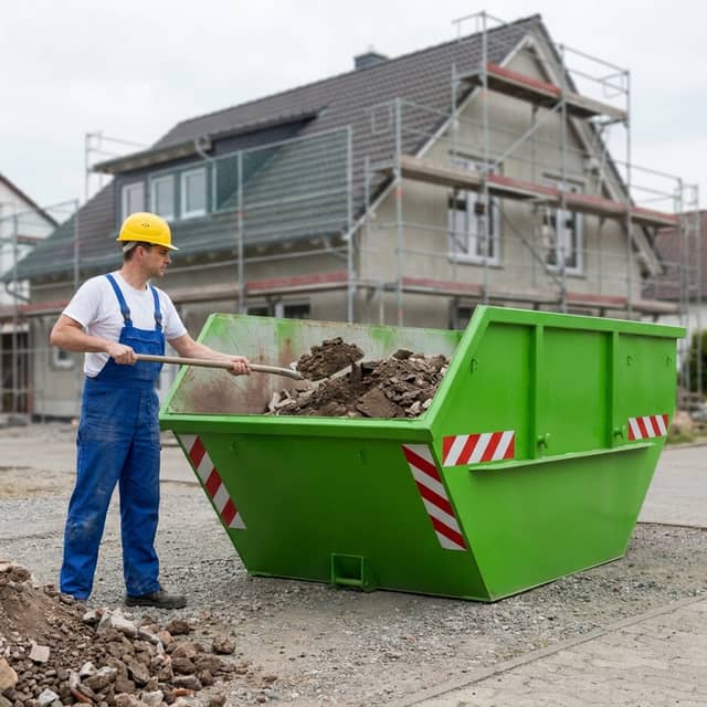 Container mit Bauschutt befüllen auf der Baustelle, ARM Containerdienst