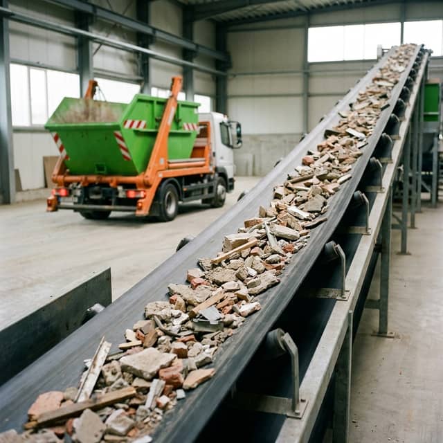 Bauschutt auf dem Förderband zur Sortierung im Verwertungsbetrieb, ARM Containerdienst