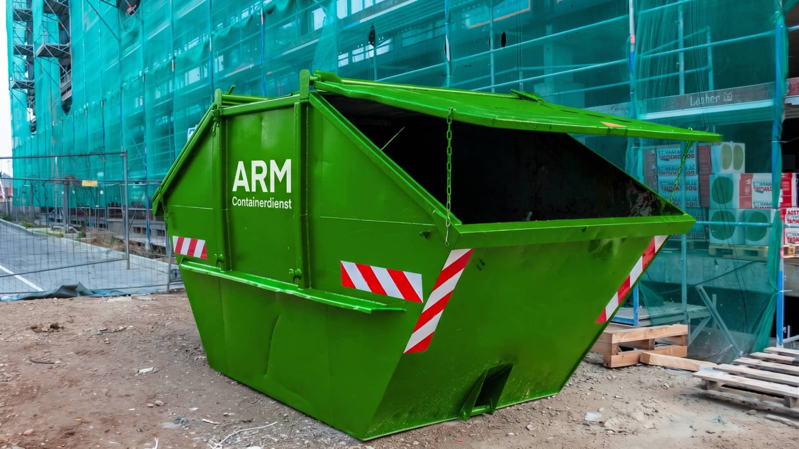 Grüner ARM-Containerdienst-Absetzcontainer mit Deckel auf einer Baustelle Grüner ARM-Containerdienst-Absetzcontainer mit Deckel auf einer Baustelle