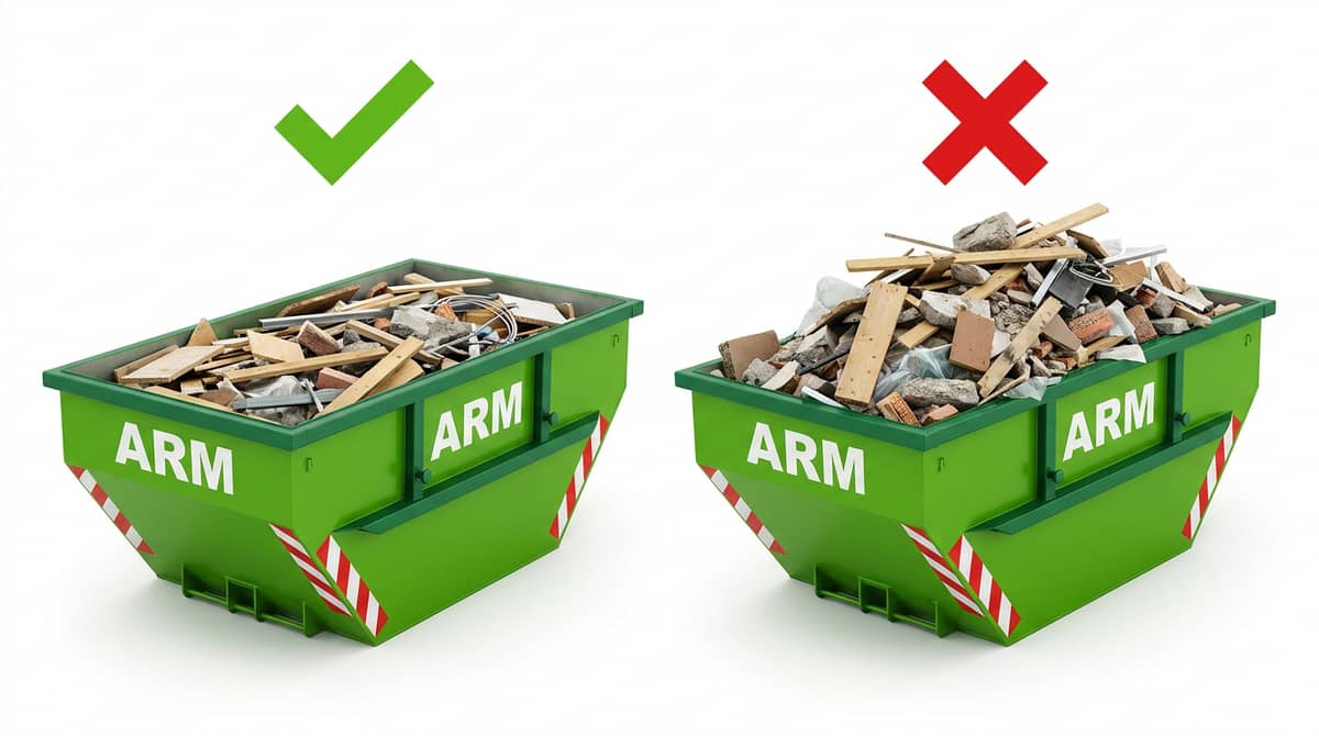 Zwei grüne ARM-Container nebeneinander, links richtig befüllt, rechts überladen