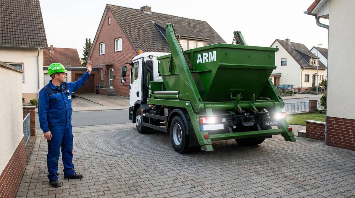 Container-Abholung: ARM-Einweiser weist den rückwärts fahrenden Absetzkipper in die Hofeinfahrt ein