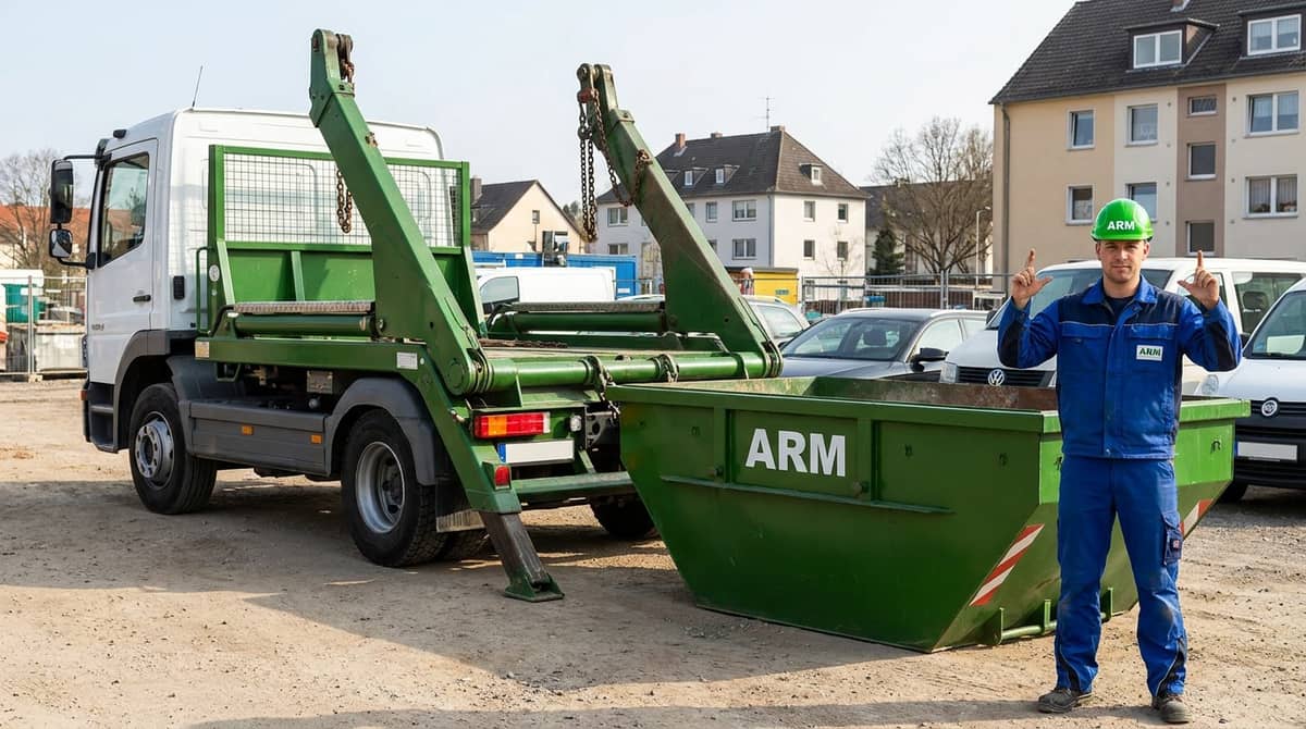 Absetzkipper setzt leeren ARM-Container mit ausgefahrenen Stützfüßen ab, Einweiser dirigiert