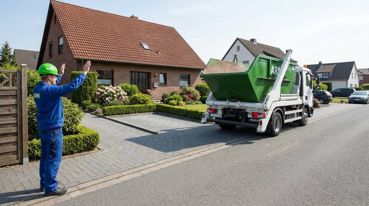 Stellplatz-Check: ARM-Einweiser und Absetzkipper an einer Einfamilienhaus-Einfahrt mit freiem Container-Stellplatz Stellplatz-Check: ARM-Einweiser und Absetzkipper an einer Einfamilienhaus-Einfahrt mit freiem Container-Stellplatz