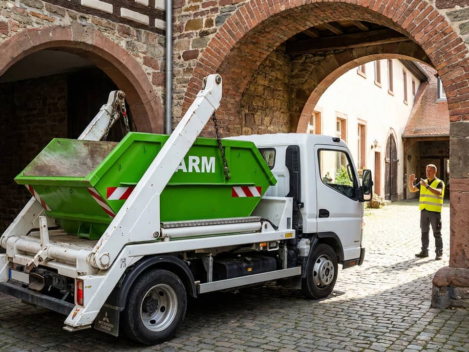 Weißer Mini-Kipper mit grüner ARM-Mulde in einer engen Altstadtgasse