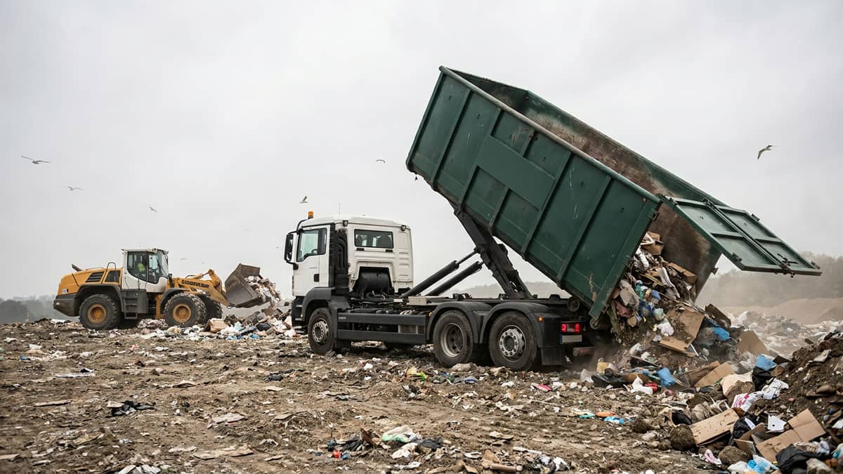 Mülldeponie: Abrollkipper kippt Abfall ab, Radlader verteilt das Material
