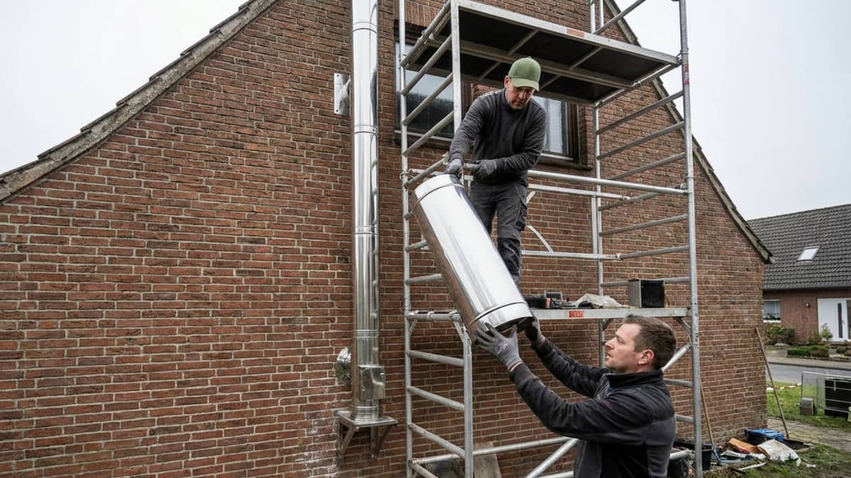 Edelstahl-Schornstein-Rückbau am Backsteinhaus, zwei Arbeiter auf Gerüst