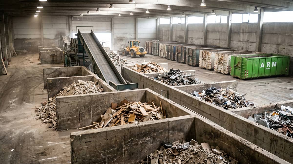 Sortierte Materialboxen und Förderband in der Recyclinghalle, ARM Containerdienst