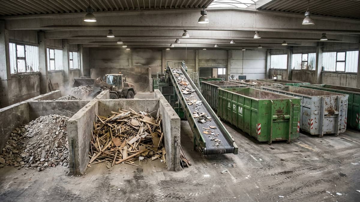 Recyclinghalle mit Förderband und Radlader, umweltgerechte Verwertung beim ARM Containerdienst