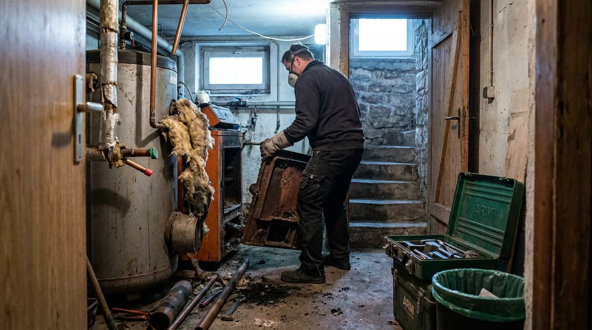 Arbeiter demontiert einen alten Heizkessel und Öltank im Keller