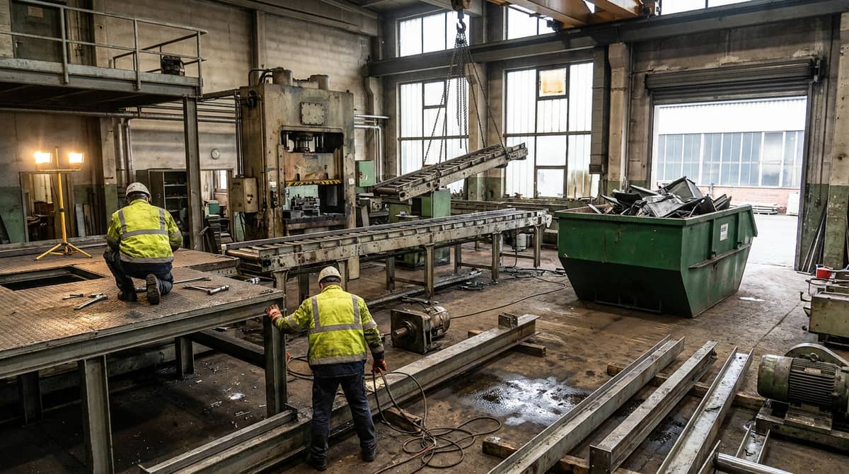 Zwei Arbeiter demontieren eine Industriepresse in der Werkhalle