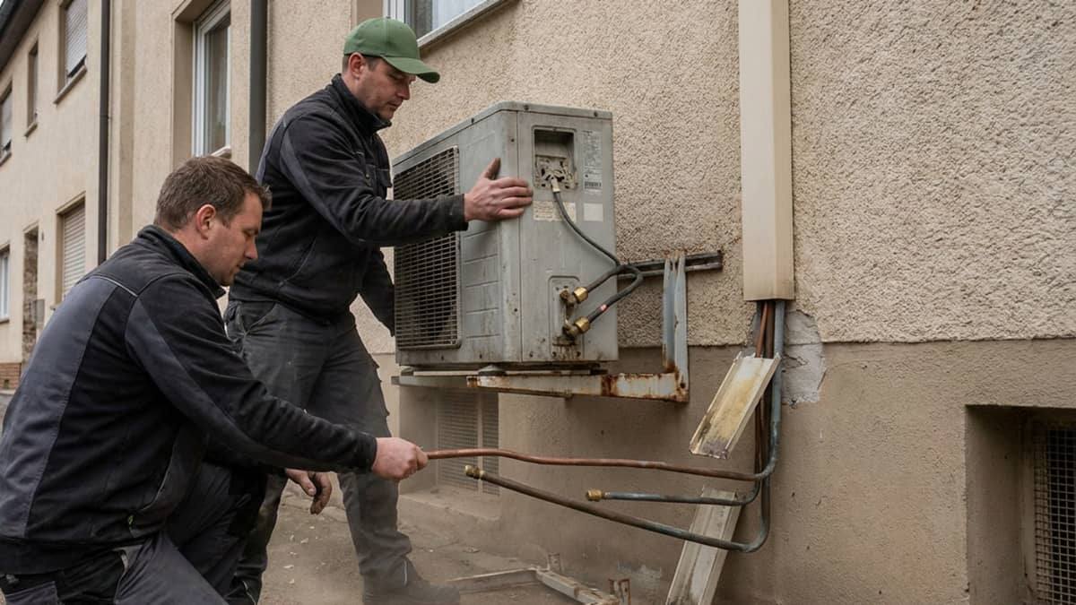 Klimaanlagen-Außengerät-Demontage durch zwei ARM-Handwerker