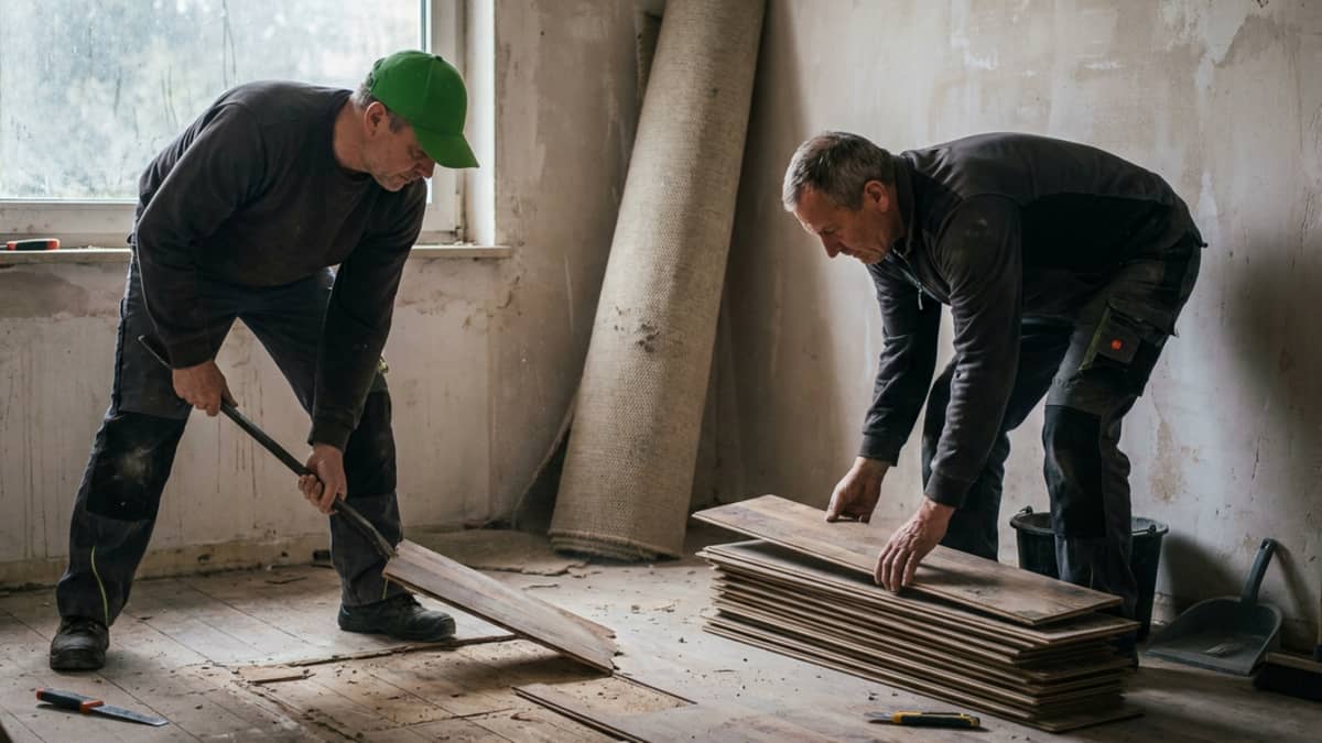 Laminat-Entfernung in Altbauwohnung, zwei Arbeiter mit Brecheisen