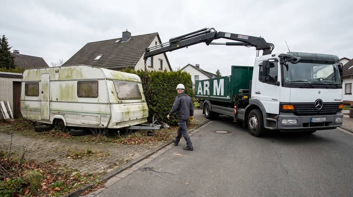 Wohnwagen wird für die Entsorgung auf einem Grundstück im Rhein-Main-Gebiet abgeholt Wohnwagen wird für die Entsorgung auf einem Grundstück im Rhein-Main-Gebiet abgeholt