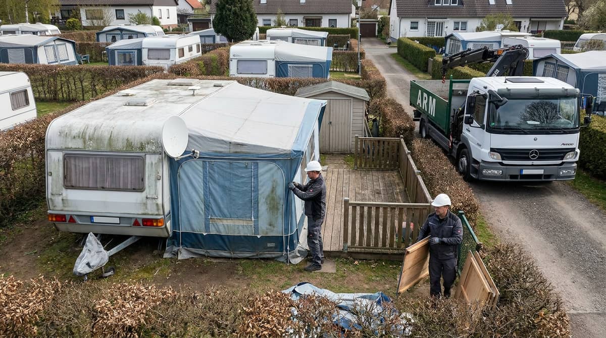 Standwohnwagen mit Vorzelt auf einer Dauercamper-Parzelle vor der Entsorgung Standwohnwagen mit Vorzelt auf einer Dauercamper-Parzelle vor der Entsorgung