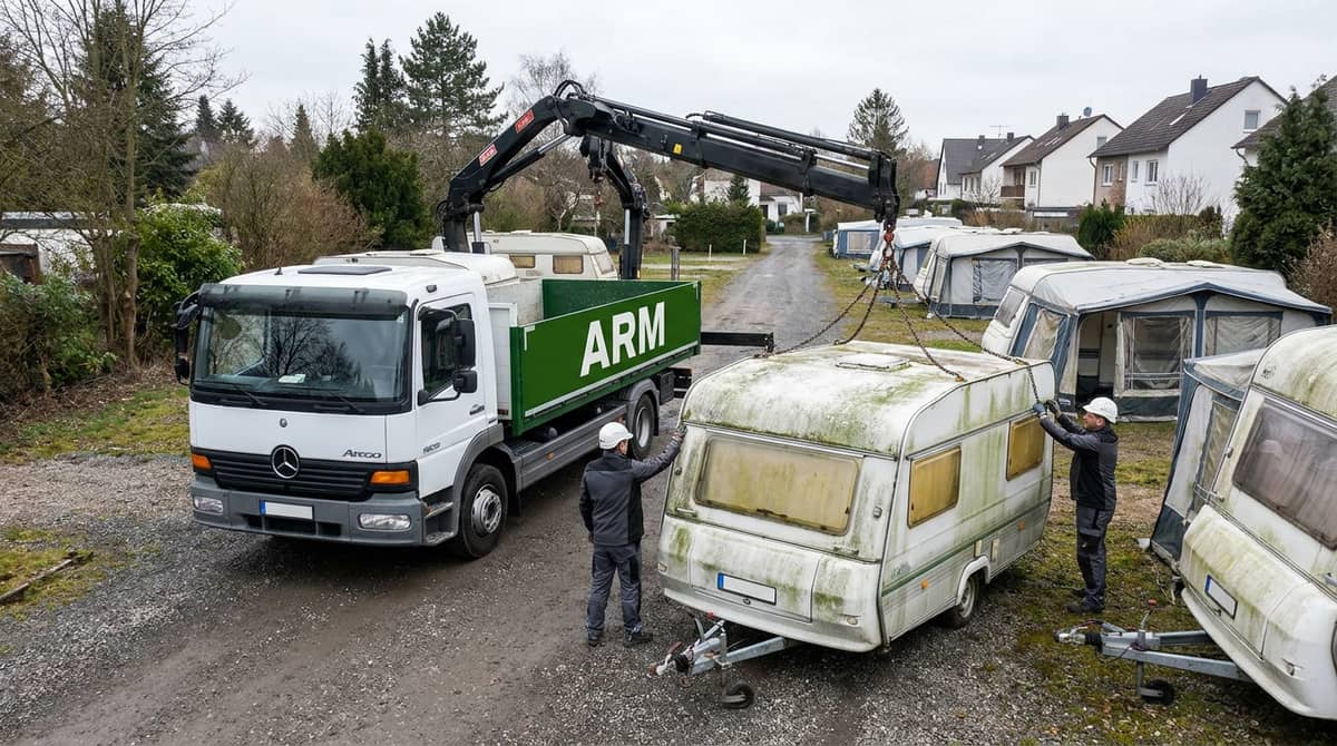 Campingplatz-Auflösung mit mehreren Standwohnwagen vor der Räumung Campingplatz-Auflösung mit mehreren Standwohnwagen vor der Räumung