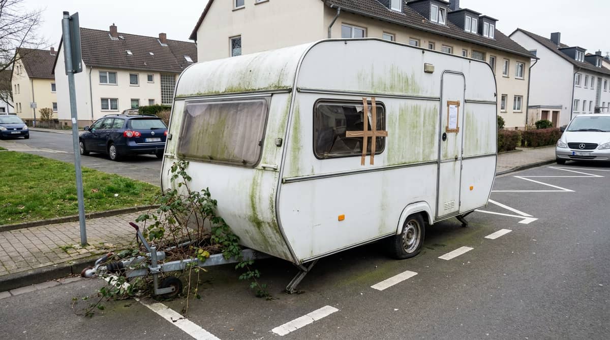 Verlassener Wohnwagen am Straßenrand vor der Entfernung durch die Kommune Verlassener Wohnwagen am Straßenrand vor der Entfernung durch die Kommune