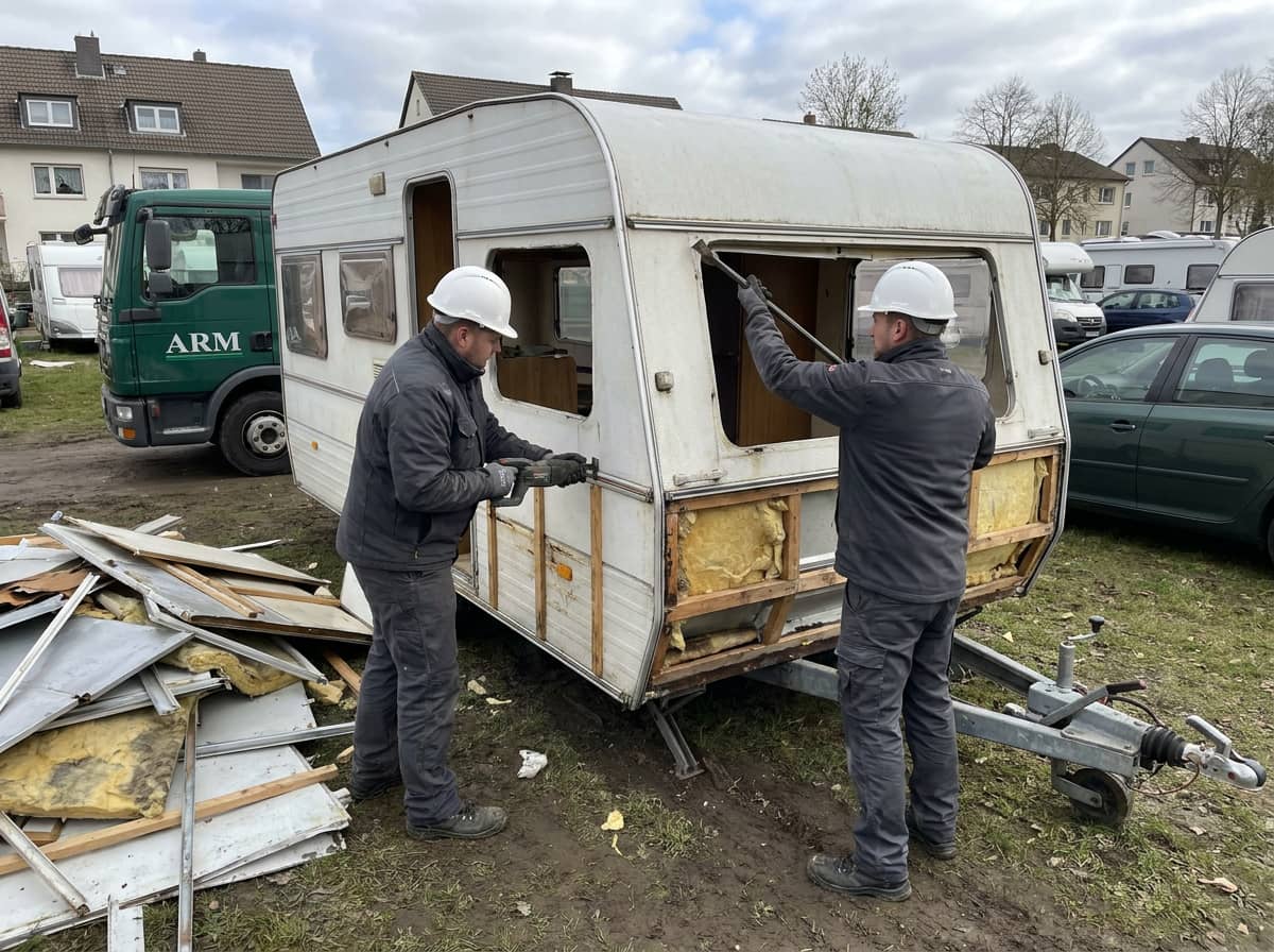 Zerlegung eines Standwohnwagens direkt auf der Parzelle Zerlegung eines Standwohnwagens direkt auf der Parzelle